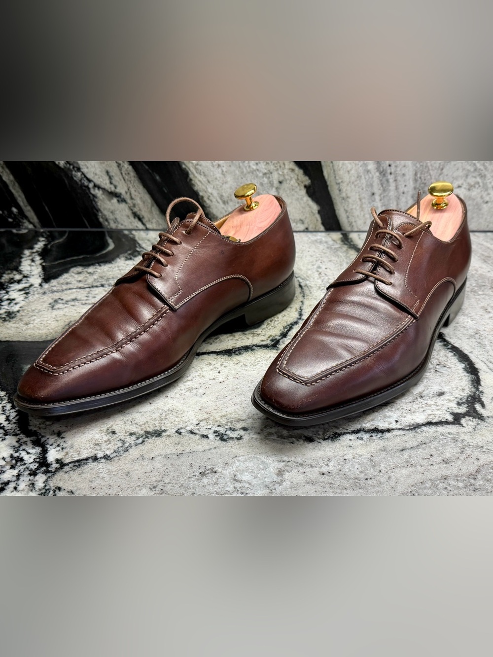 Santoni Brown Leather Apron Toe Derby Dress Shoes 9.5 D UK 10.5 US Made in Italy